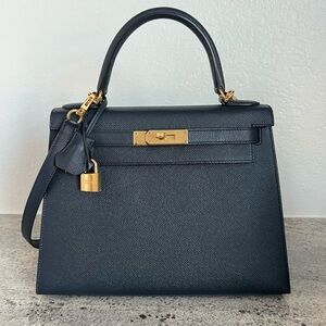 SOLD Hermes Kelly 28 Sellier in Bleu Indigo Epsom with Gold Hardware Stamp Y